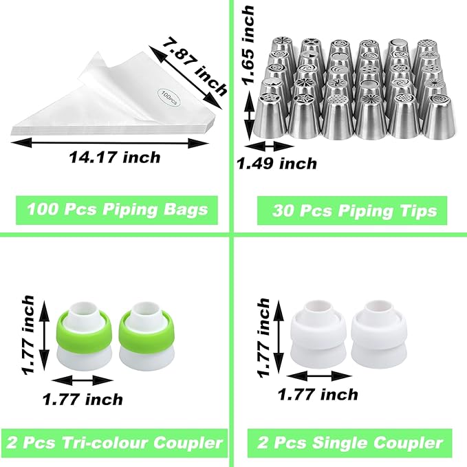 Suuker Russian Piping Tips, 134 Pieces Piping Bags and Tips Set, Frosting Piping Kit with 30 Large Piping Tips, 100 Icing Bags and Tips Set, Cake Decorating Kit