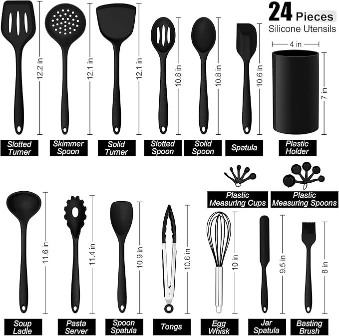E-far Silicone Cooking Utensils Set, 24Pcs Heat Resistant Kitchen Utensil with Holder, Silicone Kitchen Tools with Spatula Turner Spoon Tongs Whisk, Non-Toxic & Dishwasher Safe (Black)