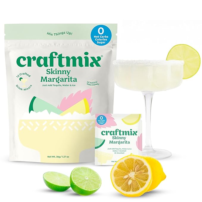 Craftmix Skinny Margarita Cocktail Mixers - Makes 12 Drinks - Zero Sugar, Zero Net Carbs, Zero Calories Mocktail Drink Mixers - Real Fruit - Vegan, Non-GMO, Dairy Free, Gluten Free