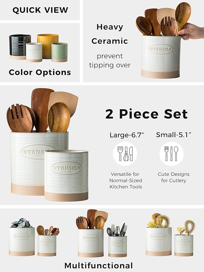 YHOSSEUN Utensil Holder Set of 2, Ceramic Utensil Holder for Kitchen Counter, 6.7"+5.1" Kitchen Utensil Crocks Spatula Holder for Countertop, Two-tone Finish Oval Opening