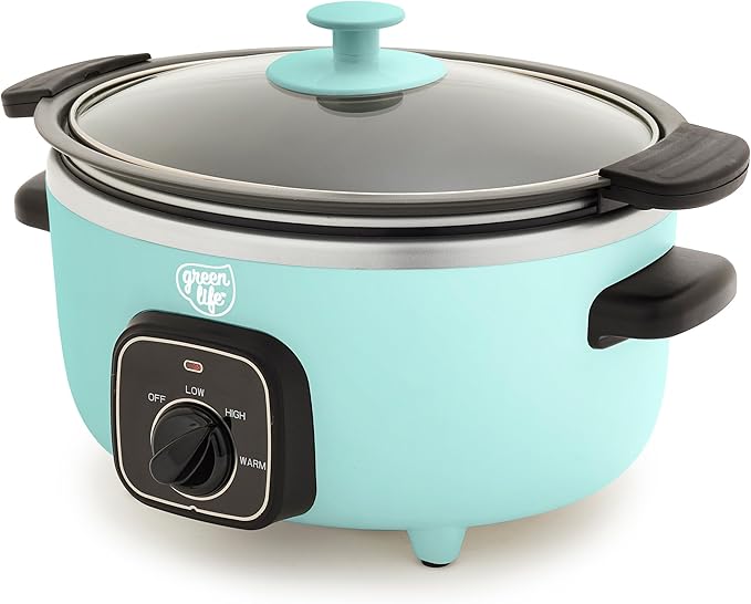 GreenLife 3.5QT Slow Cooker, Non-Toxic PFAS-Free Ceramic Nonstick Removable Interior Bowl, Programmable, Keep Warm, Stovetop & Oven Safe, Dishwasher Safe Parts, Glass Lid, Turquoise