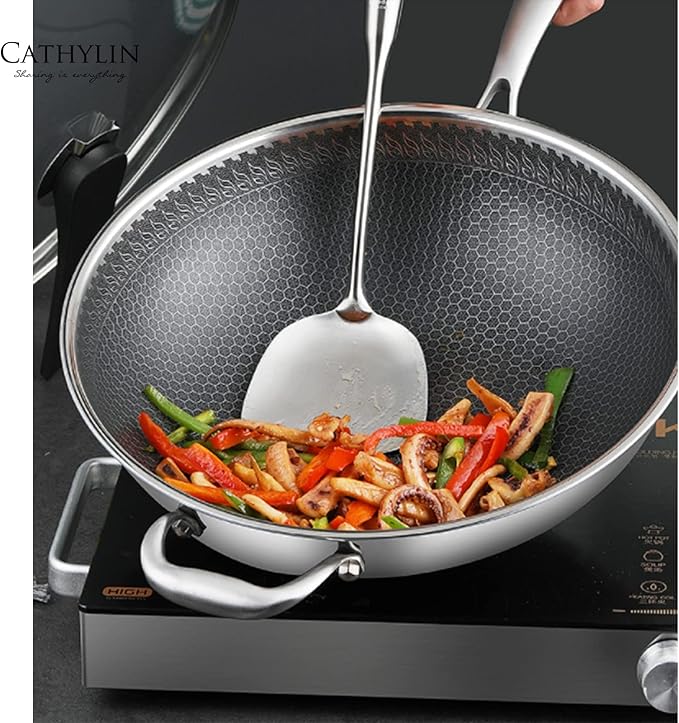 13'' 316L Stainless Steel Stir-fry Wok with Lid,Non Stick Skillet with Stay-cool Handle PFOA Free Suitable for Induction, Ceramic, Electric, and Gas Cooktops