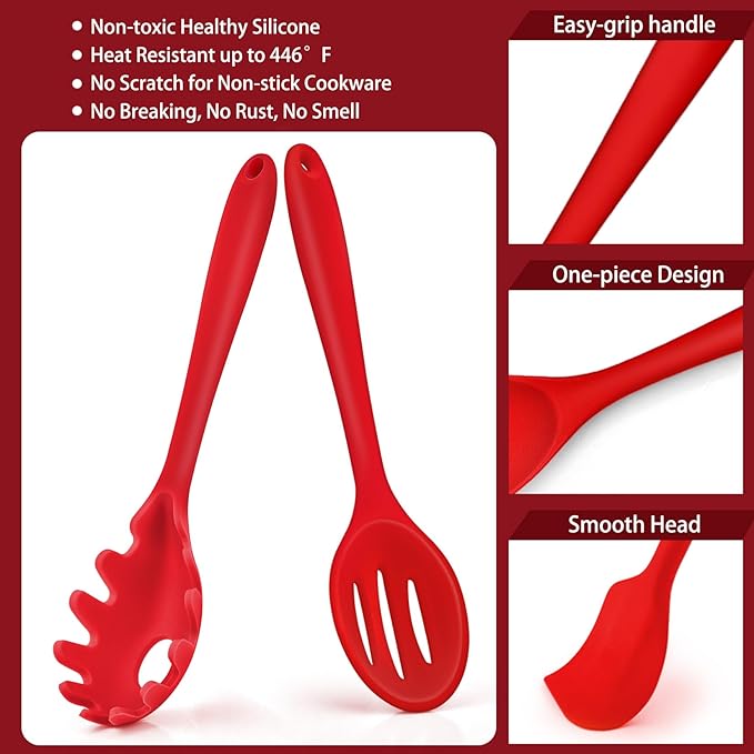 P&P CHEF Silicone Cooking Utensils Set of 7, Heat-proof Kitchen Utensils Set for Nonstick Cookware, Non-stick Spatula, Slotted Turner, Soup Ladle, Pasta Server, Spoon for Cooking Serving - Red