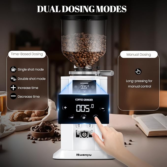 Huanyu Professional Coffee Grinder with 74mm Flat Burr 53ounce Bean Hopper 15 Infinite Grinding Settings Electric Coffee Grinder with Touching Screen White