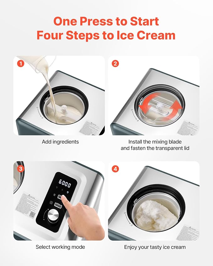 VEVOR Automatic Ice Cream Maker with Built-in Compressor, 1.5 Quart No Pre-freezing Gelato Maker, Electric Sorbet-Maker, 3 Modes Compressor Ice Cream Machine for Home Kitchen