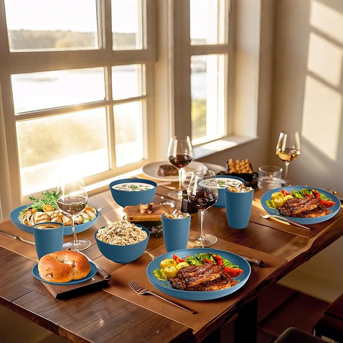 Homienly Wheat Straw Plates and Bowls Set, Premium Wheat Straw Dinnerware Sets- Dinner Plate, Dessert Plates, Cereal Bowls, Drinkig Glasses, Microwave and Dishwasher Safe Dish Set for Camping - Blue