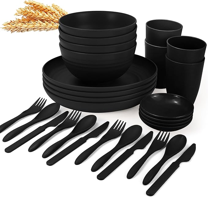 Wheat straw dinnerware set of 28 - Bowls and Plates Set for Dorm - Microwave and Dishwasher safe dish sets for kitchen,camping,indoors and out doors.Black