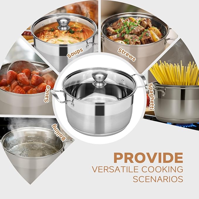 Ohtomber 5 Quart Dutch Pot - Stainless Steel Stock Cooking Induction Pot with Lid for Pasta, Soup, Spaghetti, Nonstick Thick Base Stockpot, Kitchen Cookware for Stew, Simmer, Boiling