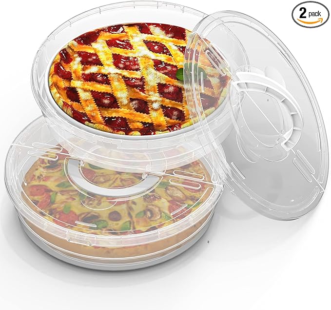 12inch 2 Pack Food Storage Container with Lid and Handle, Reusable 2 Compartments Pizza Slice Storage Container, Round Pie Carrier Leftover Pizza Keeper for Food Cake Cheesecake Tortilla Pastry