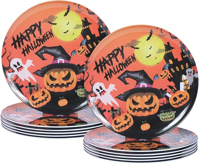 10-Inch Halloween Melamine Dinner Plates, 12-Piece Dishes Set, Lightweight & Stackable for Holidays& Decor Party plates, Ideal for Salad,Dessert,Fruit and Cakes-Halloween Pattern