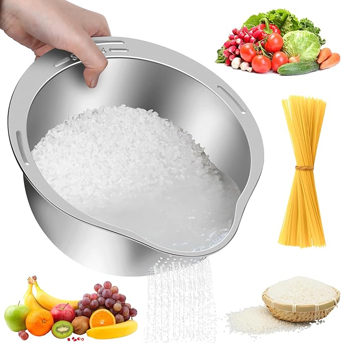 KesaPlan Rice Washer Strainer Bowl, 4-in-1 Washer Bowl Stainless Steel Rice Rinser Strainer Sink Colanders With Side Drainers for Cleaning Fruits, Vegetables, and Beans, Versatile Kitchen Tool