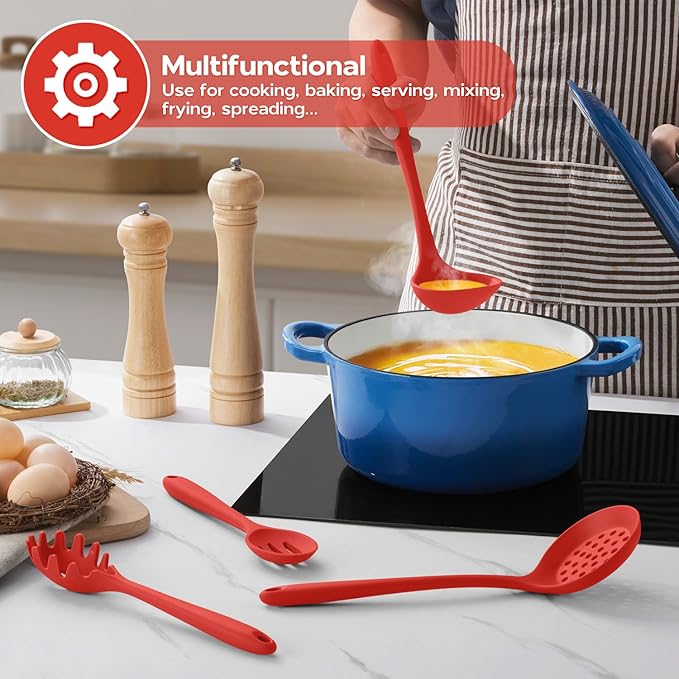 Silicone Cooking Utensils Set, Onader Red Kitchen Utensils 6 Pcs Set, Heat Resistant Kitchen Tool Kit, Nonstick Cookware Friendly & Non Toxic