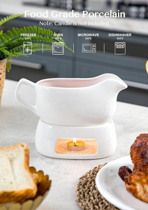 Nucookery Large 18 Oz Gravy Boat with Warmer, White Fine Porcelain Saucier with Big Dripless Lip Spout, Gravy Bowl For Thanksgiving, Warming Sauces, Salad Dressings, Microwave & Freezer Safe(Modern)