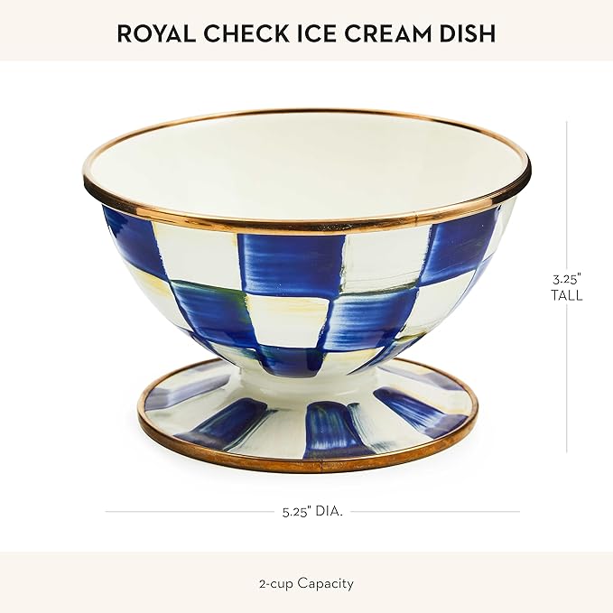 MACKENZIE-CHILDS Enamel Ice Cream Bowl, Serving Bowls for Entertaining, 2-Cup Capacity, Blue-and-White Royal Check