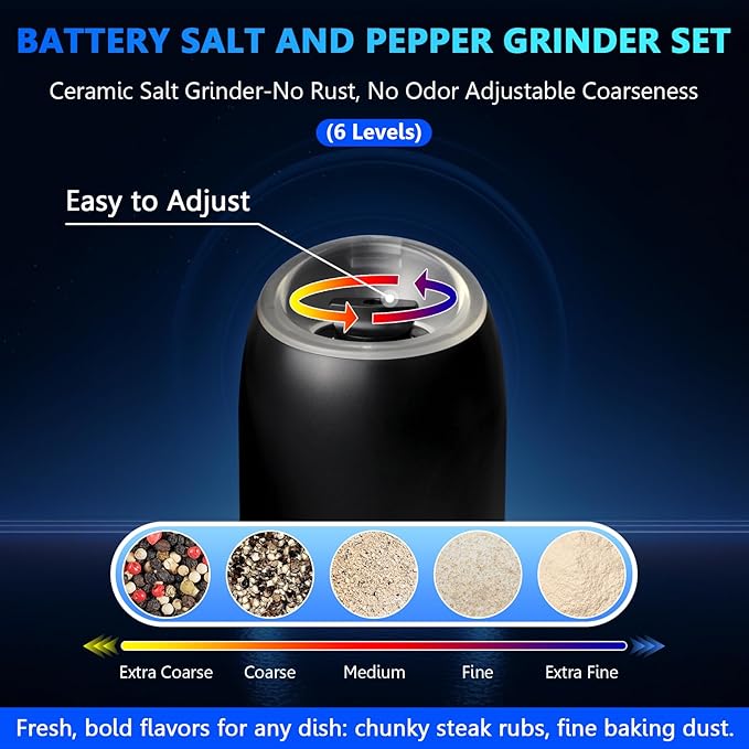 Gravity Electric Pepper and Salt Grinder,BoAn Automatic Battery Salt and Pepper Grinder Set,One-Hand Ceramic Larger Chamber Spice Mill,Adjustable Coarseness with LED Light for Kitchen New Home Gifts