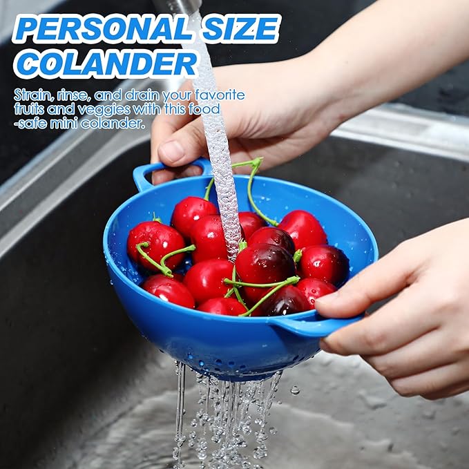 Baderke 4 Pack Mini Colander for Kitchen Plastic Berry Strainer with Double Handles 7.5 x 6 x 3 Inch Small Colander Strainer for Fruits Vegetables Food(Green, Red, Blue, Lemon Yellow)