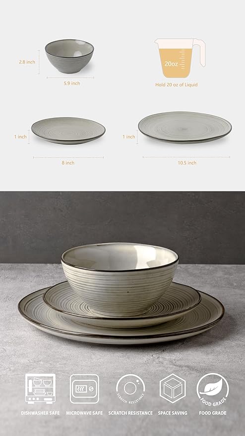 famiware Plates and Bowls Sets for 4, 12 Pieces Stoneware Dinnerware Sets, Dishes Set, Reactive Glaze Dishware Sets, Dishwasher & Microwave Safe, Tempus Series - Castle Wall