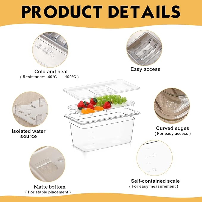 Sunnyray 6 Set 1/3 Size Polycarbonate Food Pans with Lids and Drain Shelf Clear Square Food Storage Containers for Kitchen Restaurant Fruit Vegetable Food Container and Storage (6 Inch Deep)