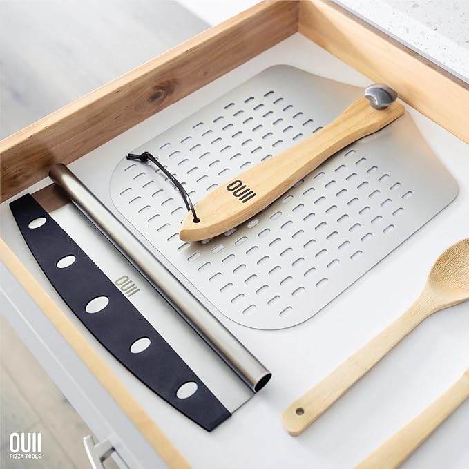 Perforated Pizza Peel 12 x 14 Inch. Paddle Spatula with Foldable Handle - Pizza Cutter Rocker 14'' Blade. Pizza Stone Oven Accessories and Chopper Knife Tools