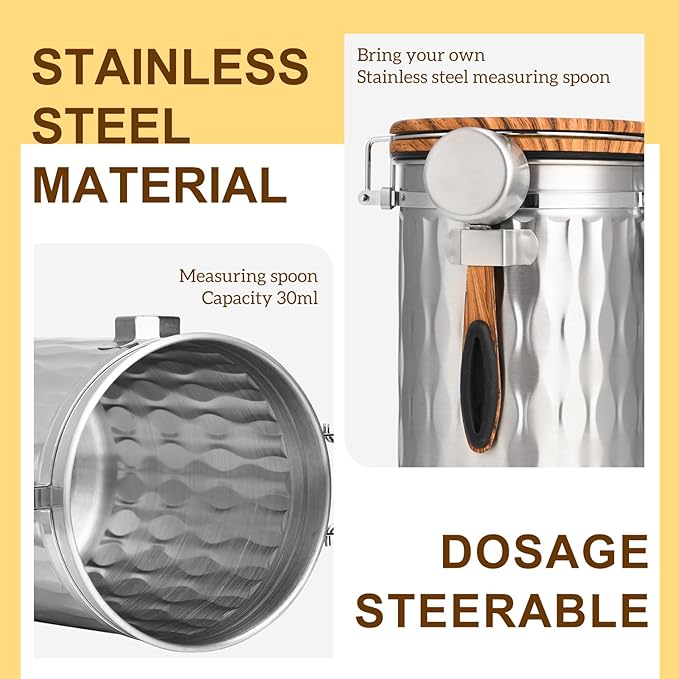 TEDSWAIT Coffee Container with Sealed Cantilever Lid and Scoop, Airtight Stainless Steel Kitchen Food Storage Canister with Date Tracker, 1.8L(Silver)