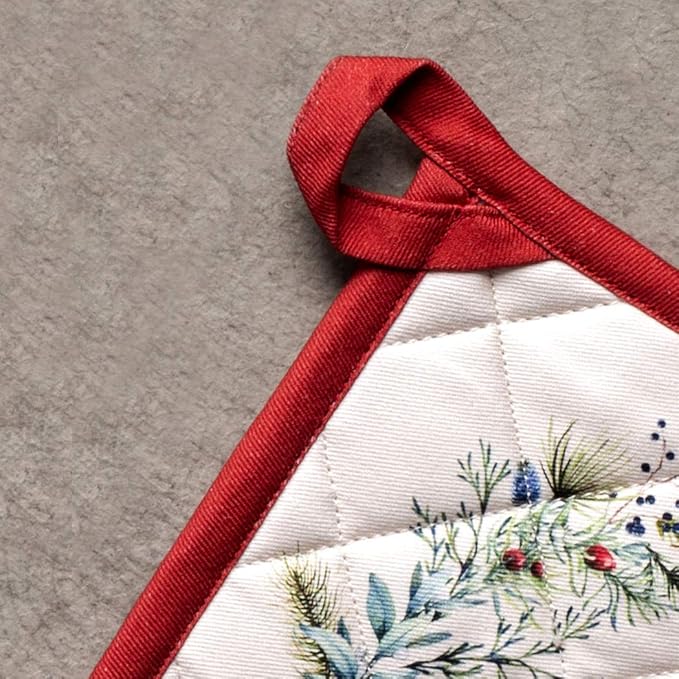 Maison d' Hermine 100% Cotton Oven Mitt & Pot Holder Set (7.5"x13" & 8"x8") Heat Resistant BBQ Cooking Gloves with Loop, Baking, Grilling, Kitchen, Handling Hot Pans (Holly Time)