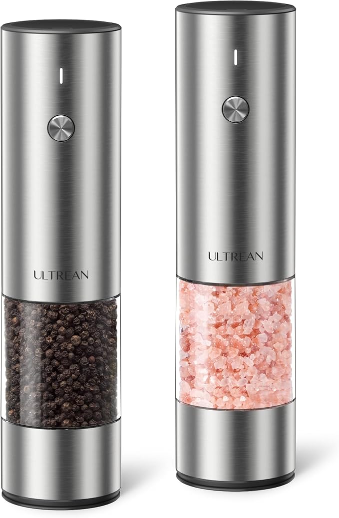 Ultrean Salt and Pepper Grinder Set, Rechargeable Salt and Pepper Shakers, 6 Adjustable Coarseness, LED Light, Kitchen Gadget & Housewarming Gift, Stainless Steel