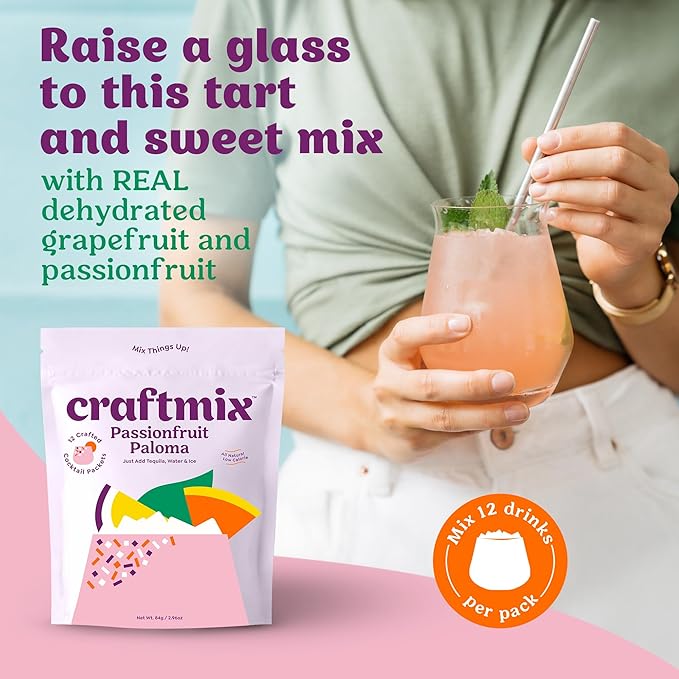 Craftmix Passionfruit Paloma, Makes 12 Drinks, Tequila Cocktail Mixers, Instant Skinny Cocktail and Mocktail Mix - With Real Fruit - Vegan Low Carb, Low Sugar, Non-GMO, Gluten Free, Easy to Mix
