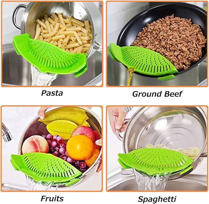YEVIOR Clip on Strainer for All Pots Pan Pasta,Silicone Food Strainer Hands-Free Pan Strainer, Clip on Kitchen Gadgets Food Strainer for Spaghetti, Pasta, Ground Beef Fits All Bowls and Pots (Green)