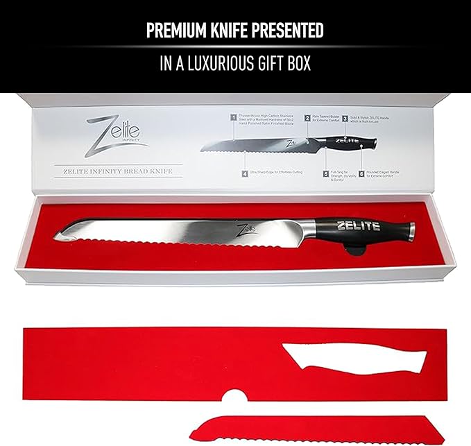 Zelite Infinity 10 Inch Serrated Bread Knife for Homemade Bread — Razor Sharp German High Carbon Stainless Steel Bread Cutting Knife for Sourdough Bread; Ergonomic Handle - Luxurious Gift Box