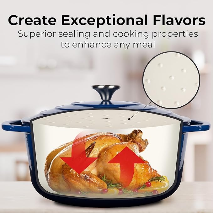 Zulay Kitchen 7.7 Quart Enameled Cast Iron Dutch Oven with Lid, Silicone Trivet & Heat Pad – Premium Durability & Oven Safe up to 500°F – Heavy Duty Cookware Perfect for Bread Baking, Stews, Braising & Roasting – Blue