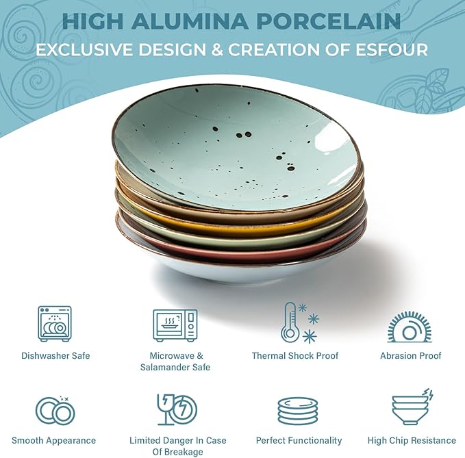 8.1 Inch Serving Bowls - Set of 6 | 16 Oz Large Pasta Salad Bowls, Microwave/Oven Safe, Wide Shallow Porcelain Bowls for Party, Dinner, Entertaining, Stackable - Vivid Assorted Colors