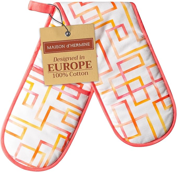 Maison d' Hermine Double Oven Mitts 100% Cotton 7"x35" Double Oven Mitt Heat Resistant BBQ Cooking Gloves with Loop, Baking, Grilling, Home, Kitchen, Handling Hot Pans Spring Summer (Summer Maze)
