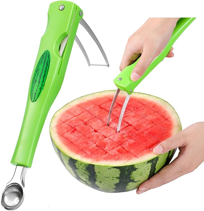 Premium Watermelon Cutter - 3 in 1 Watermelon Cutter Slicer Tool - Foldable Watermelon Slicer - Fruit Cutter for Kitchen Gadgets - Stainless Steel Watermelon Knife - Melon Baller Scoop