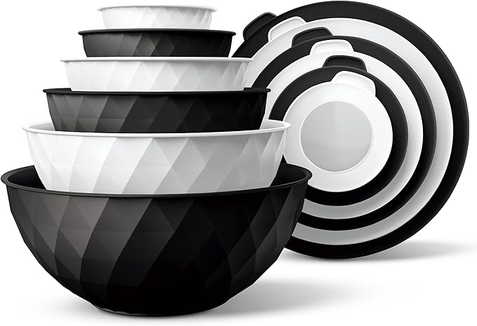 COOK WITH COLOR Mixing Bowls with Lids - 12 Piece Plastic Nesting Bowls Set includes 6 Prep Bowls and 6 Lids, Diamond Design - Microwave Safe (Mint)