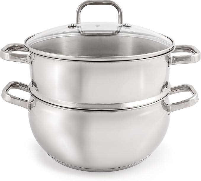 BergHOFF Belly Shape 18/10 Stainless Steel 9.5 inches Stockpot 5.5qt., Glass Lid with Steam Vent, Fast, Evenly Heat, Induction Cooktop Ready