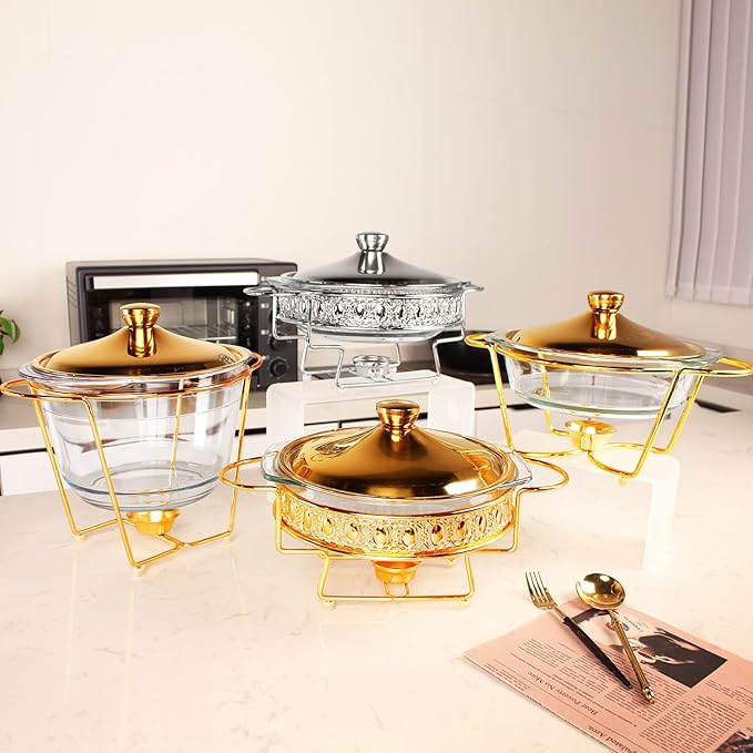 Casserole Dish 9" Glass Baking Dish with Stainless steel Lid and Golden rack, 1.5 Qt round Baking Pan For Casserole & Lasagna, Microwave Dishwasher Freezer Oven Safe