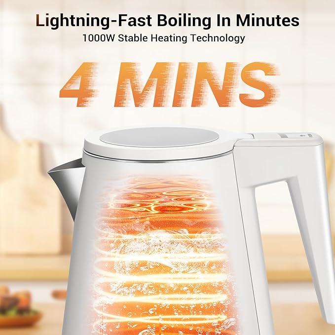 1.2L Double Wall Stainless Steel Interior Water Boiler, Cordless, 1000W Fast Boil with LED Light Coffee Pot & Tea Electric Kettle, Auto Shut-Off and Boil-Dry Protection (Black)