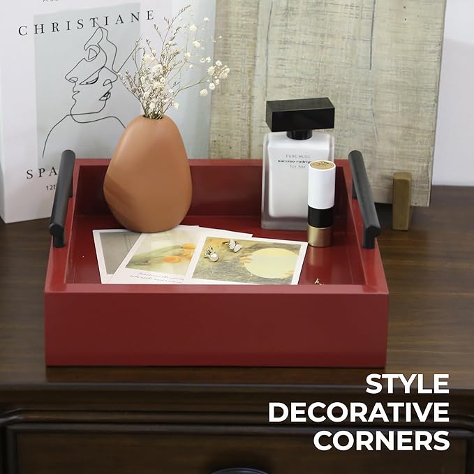 Set of 2 Serving Tray with Handles - for Coffee Table, Breakfast, Dinner Kitchen Living Room Bedroom, Home Decor for All Occasions, Red, Size S+M