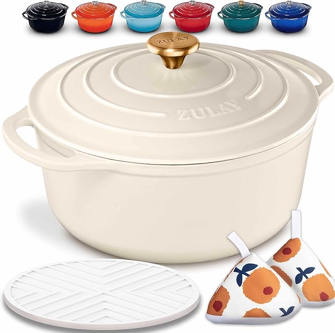 Zulay Kitchen 7.7 Quart Enameled Cast Iron Dutch Oven with Lid, Silicone Trivet & Heat Pad – Premium Durability & Oven Safe up to 500°F – Heavy Duty Cookware Perfect for Bread Baking, Stews, Braising & Roasting – Ivory
