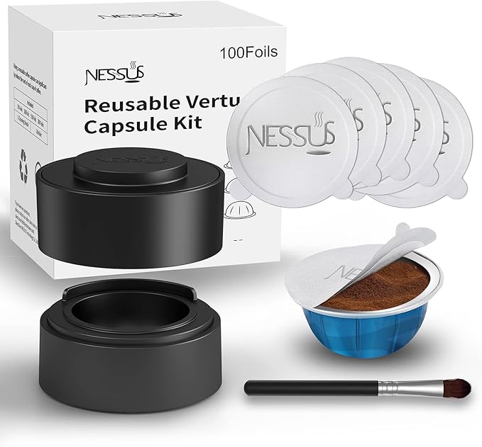 Nessus Reusable Kit for Nespresso Pods Vertuo, Reuse Old Coffee Pods for Nespresso Vertuo: 100 Pcs Aluminum Foil Seal Lid, Holder, Brush, Refillable Vertuo Plus Next Capsule Machine(No Pods Come)