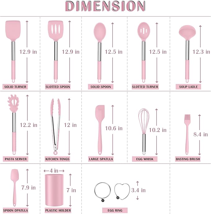 E-far Silicone Cooking Utensils Set, 14-Piece Pink Kitchen Utensils Set with Holder, Kitchen Tools Spatulas with Stainless Steel Handle for Non-stick Cookware, Heat Resistant & Dishwasher safe