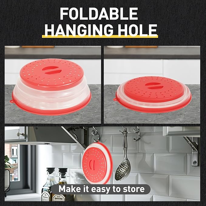 Collapsible Microwave Splatter Cover, Vented Microwave Lid with Hook Hole, Splatter Guard for Plate Dish Bowl, Vegetable Fruit Colander Multi-function Kitchen Gadget, BPA-Free (Red)