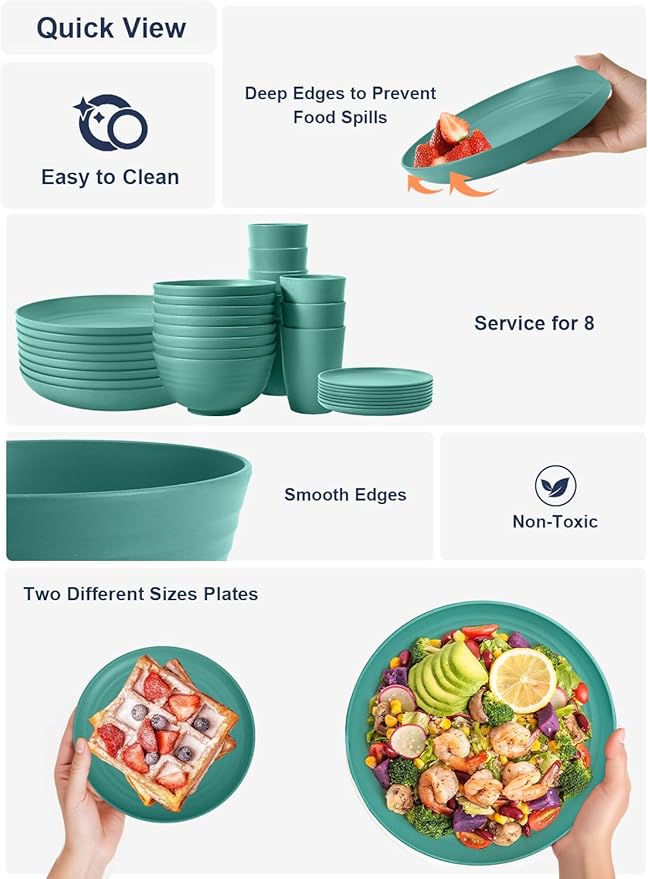 Homienly Wheat Straw Dinnerware Sets, Plates and Bowls Sets, 32-Piece Dish Set for 8, Service for 8, Unbreakable LIghtweight Dinnerware Set for Camping, Outdoor, RV, Microwave & Dishwasher Safe- Green