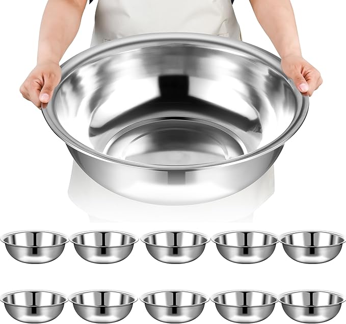 10 Pcs Stainless Steel Mixing Bowls Metal Mixing Bowls Extra Large Basin Salad Bowl with Deeper Edge, Dishwasher Safe, Mirror Finish for Home and Commercial, Silver (16 Inch 13 Qt)