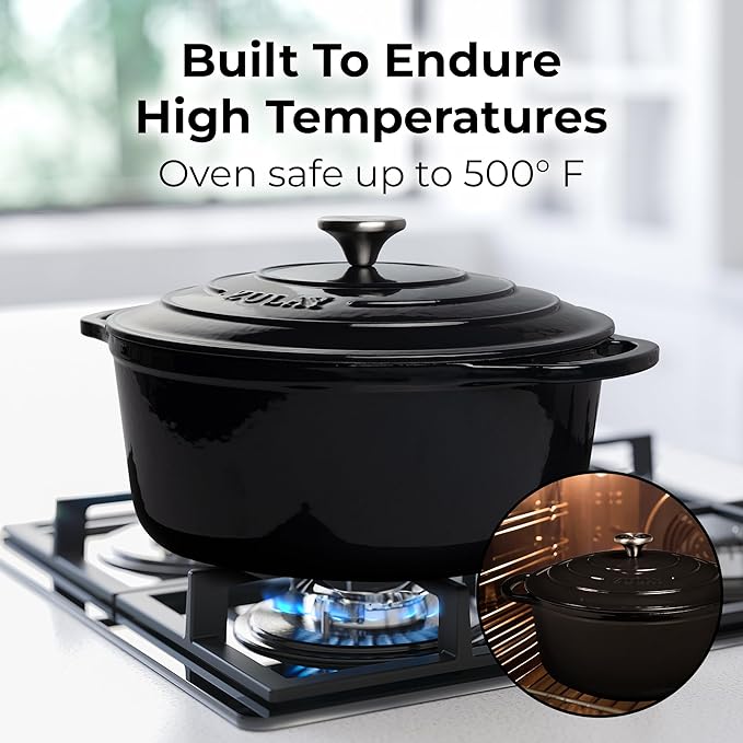 Zulay Kitchen 6 Quart Enameled Cast Iron Dutch Oven with Lid – Premium Durability & Oven Safe up to 500°F – Heavy Duty Cookware Perfect for Bread Baking, Stews, Braising & Roasting – Black