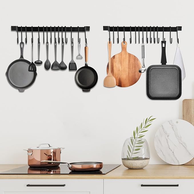 Kitchen Utensil Rack with 15 Hooks, 17 Inch Pots and Pans Hanging Rack Wall Mounted, Steel Cooking Utensil Hanger, 2 Pack