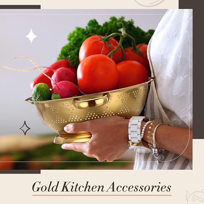 4 Pcs Gold Kitchen Accessories Includes Stainless Steel Colander and 3 Pcs Gold Fine Mesh Strainer Essential Kitchen Colander Strainers with Handles, Easy Clean and Dishwasher Safe(3.7 Qt)