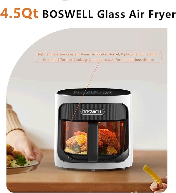 BOSWELL 4.5QT Glass Air Fryer - 6-in-1 with Transparent Bowl | Circulating Air for Crispy Results | Bake, Broil, Air Fry | Temperature Control, Dishwasher Safe (White)