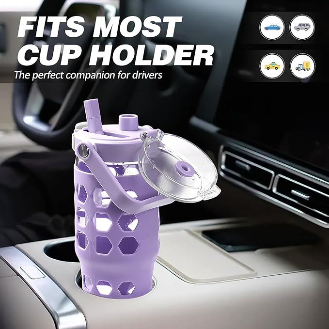 MUKOKO 32 oz Glass Tumbler with Straw,Glass Water Bottles with Time Marker,Iced Coffee Cup with Silicone Sleeve,Motivational Drinking Bottles,Leakproof-Purple