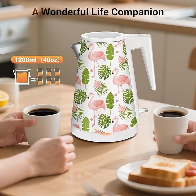 1.2L Double Wall Stainless Steel Interior Water Boiler, Cordless, 1000W Fast Boil with LED Light Coffee Pot & Tea Electric Kettle, Auto Shut-Off and Boil-Dry Protection (Flamingo)
